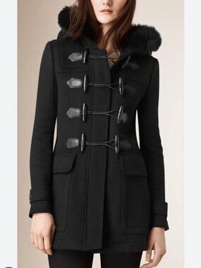 BURBERRY BRIT BLACKWELL DUFFLE WOOL FUR TRIMMED BLACK COAT SIZE 8
